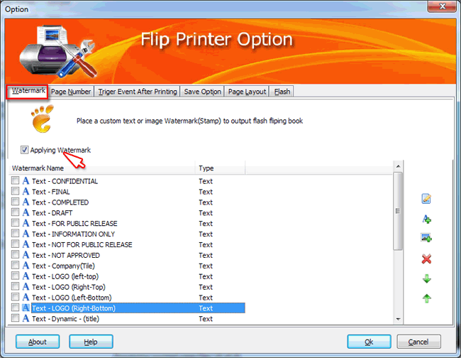 flip printer set watermark